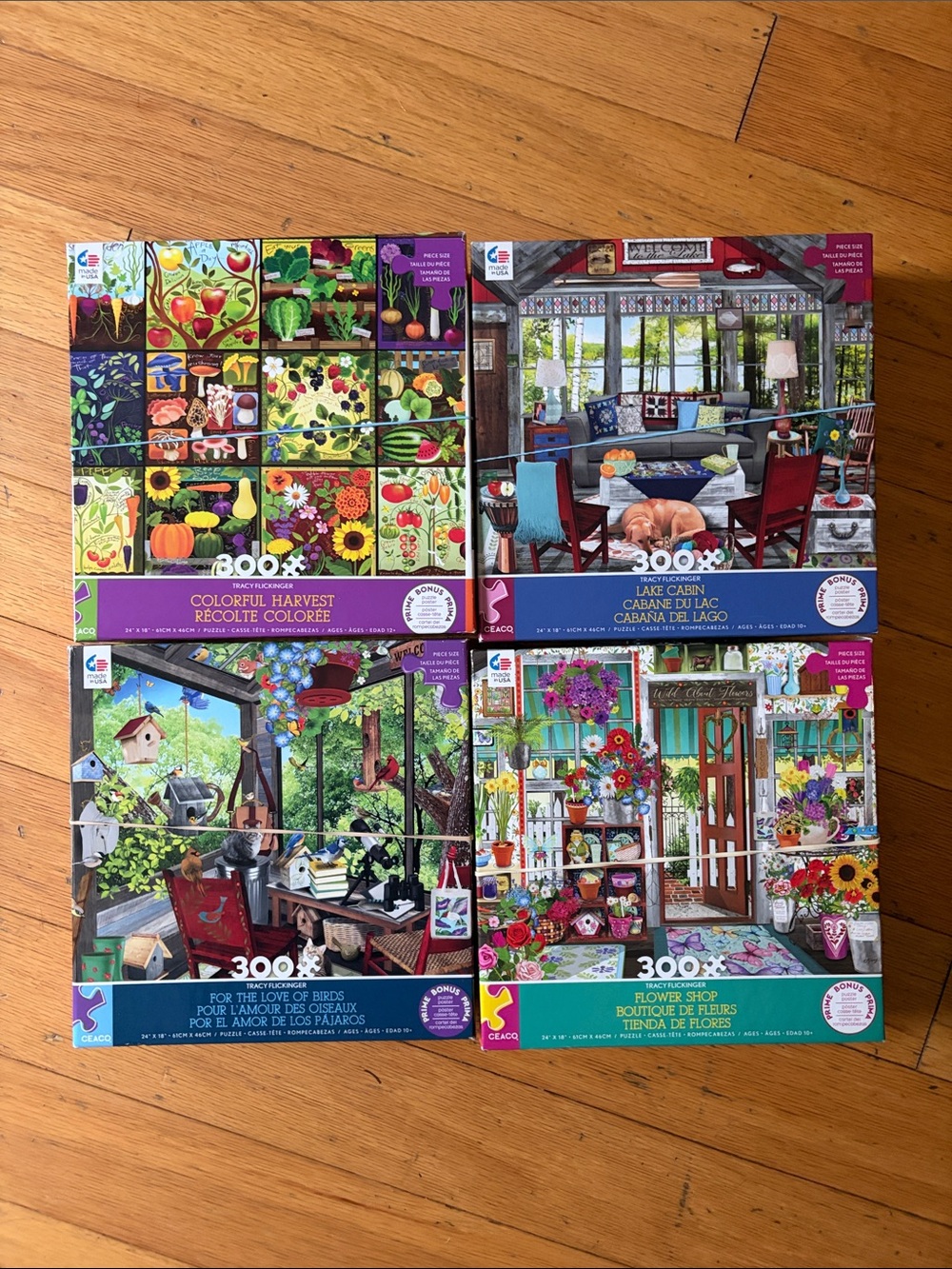 Lot of 4 Tracy Flickinger 300 piece puzzles. Colorful Harvest & Garden Scenes